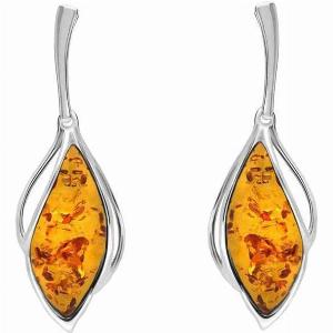 Sterling Silver Orange Amber Open Marquise Drop Earrings