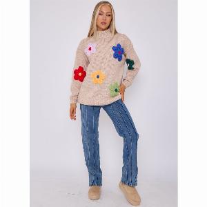 60 Discount on Oversized Jumper with Beige Floral Appliqué Design
