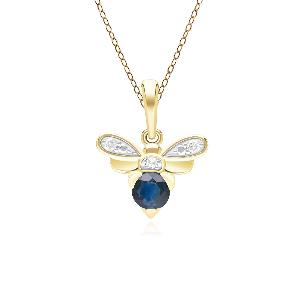 Honeycomb Inspired Blue Sapphire and Diamond Bee Pendant Necklace in 9ct Yellow Gold