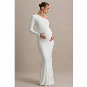 Heloise White Asymmetric OneSleeve Maternity Maxi Dress
