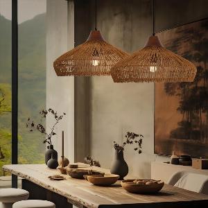 Natural Bamboo Pendant Light  Boho Rattan Hanging Light for Kitchen Island Dining Room  Living Room