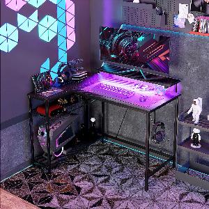 HOMCOM Bureau dangle réversible bureau dordinateur avec LED 2 prises et 2 ports USB et panier réglable 107x80x90cm noir