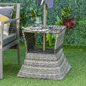 Outsunny Outdoor Patio Rattan Wicker Coffee Table Bistro Side Table w Umbrella Hole and Storage Space Grey
