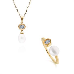 Enjoy 30 Discount on Modern Pearl and Blue Topaz Gold Plated Set