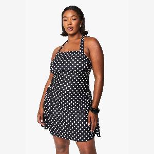 Womens Plus bengaline polka dot square neck mini dress