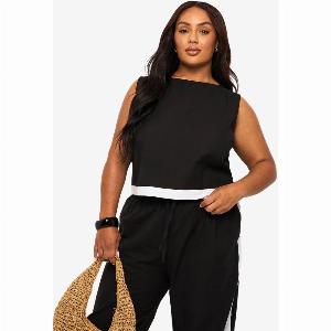 Womens Plus Linen Contrast Hem Tunic Top  Black  24