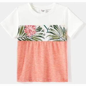 Family Matching Allover Plant Print Cami Dresses and Shortsleeve Colorblock Spliced Tshirts Sets