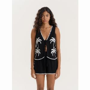 Black Linen Blend Palm Embroidered Tie Waistcoat Kenna