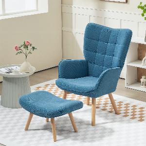HOMCOM Fauteuil dAppoint avec ReposePieds Fauteuil Relax en Style Cordon Fauteuil avec Accoudoirs en Bois pour Salon Bleu