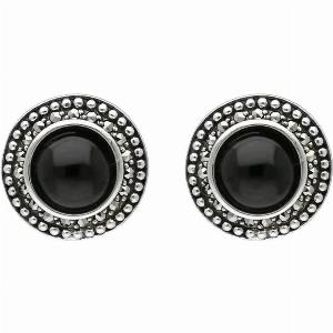 Sterling Silver Whitby Jet Marcasite Large Round Framed Stud Earrings  Default Title  Silver