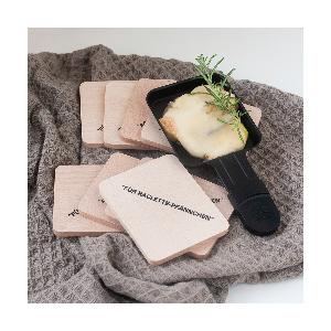 8 Stück im Set Brettchen für Raclettepfännchen Buchenholz mit Aufdruck 10 x 8 cm