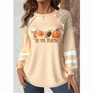 ROTITA Halloween Patchwork Light Camel Round Neck Long Sleeve Sweatshirt