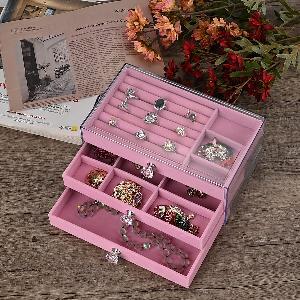 3 Layer Jewelry Organizer with Transparent Cover Size 23x13x10cm  Pink  Grey
