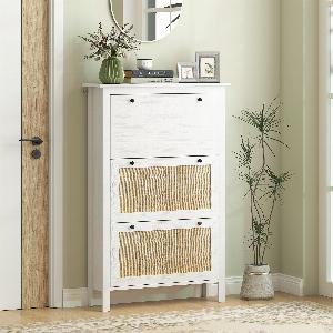 HOMCOM Meuble à chaussures étagère à chaussures armoire 3 portes abattants effet cannage rotin  en bois bois naturel