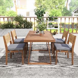 Table et chaise de jardin Salon de jardin 5 pièces avec table en bois dossier en rotin coussinets de pieds Gris  Couleur naturelle   Aosom France