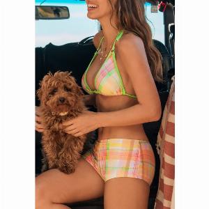 Stay in Check Plaid Halterneck Swim Shorts Bikini Set