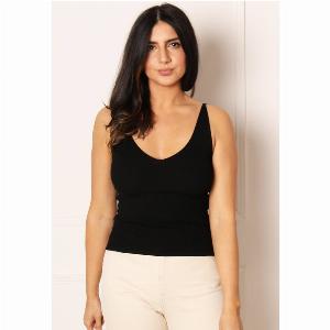 JDY Ribbed Knit V Neck Tank Top Vest in Black  S