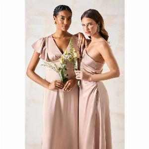 V Neck Waist Detail Satin Bridesmaids Dress  Mocha