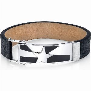 Mens Shooting Star Leather Cuff Bracelet in Stainless Steel