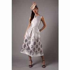 Twill Jacquard Fit and Flare Midi Dress  Cream