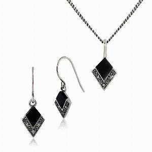 Art Deco Style Style Black Onyx  Round Marcasite Kite Drop Earrings  Pendant Set in 925 Sterling Silver