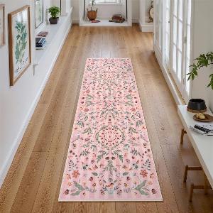 Chloe Washable Boho Insect Botanical Floral Pink Runner Rug  2 x 6