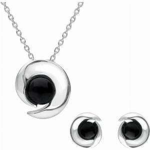 Sterling Silver Whitby Jet Round Spiral Two Piece Set Silver