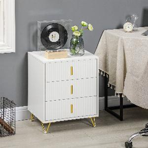HOMCOM Commode 3 tiroirs meuble de rangement avec poignées et pieds en métal dorés  50 x 40 x 63 cm blanc