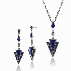 Art Deco Style Style Triangle Lapis Lazuli  Marcasite Drop Earrings  Necklace Set in 925 Sterling Silver