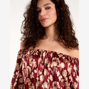 Enjoy 54 Discount on Burgundy Floral Ruched Sleeve Bardot Top
