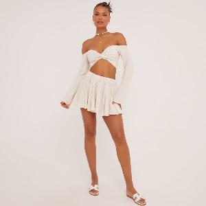 High Waist Flippy Hem Mini Skirt In Stone Linen Womens Size UK 10