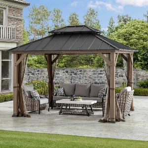 SUNJOY 10x12 Cedar Wood Gazebo with Galvanized Steel Roof LED String Lights  Mosquito Netting  Brown