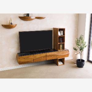 Ensemble de meubles de salon  en bois dAcacia 204x40x145 naturel laqué  marbre noir MONTREAL