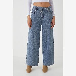 MISSPAP Womens Asymmetric Wide Leg Washed Denim Jeans in Mid Wash  Size 14