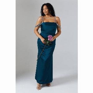 Diamante Trim Draped Shoulder Maxi Dress  Blue