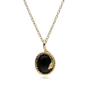 ECFEW Oval Onyx Winding Snake Pendant Necklace in Gold Plated Sterling Silver