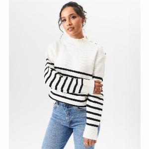 Get 35 Discount on Cream Oversized Jumper with High Neck and Stripes