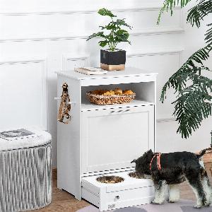 PawHut HaustierFutterschrank mit 2 Edelstahlnäpfen 3 Haken Tierfutterschrank mit Lagerschrank offenem Fach  Kipptür Hundefutterstation für Hunde 61 x 355 x 82 cm Weiß   Aosom