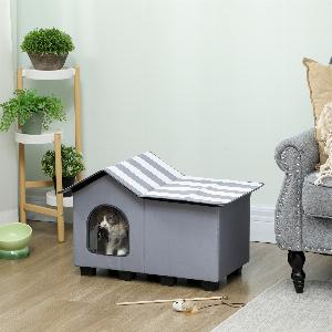 PawHut Outdoor Cat House Weatherproof Feral Cat Cave with Elevated Base and Cushion for Winter Grey