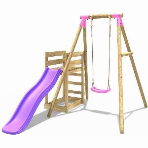 Wooden Single Swing Set with Slide  Solar Pink
