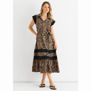 Enjoy 40 Discount Brown Animal Print Smock Midi Dress with Contrast Panels