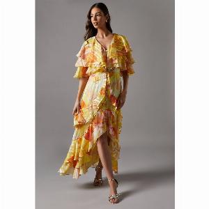 Printed Burnout Ruffle Maxi Dress  Yellow