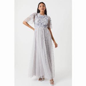 Floral Embroidered Bodice Angel Sleeve Bridesmaid Dress  Grey Mist