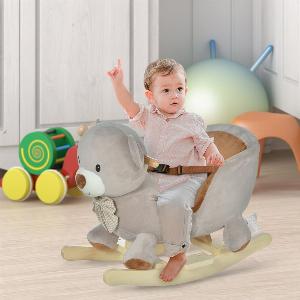 Kids Rocking Bear Plush Ride Sound Button Wood Base Seat Belt Grey