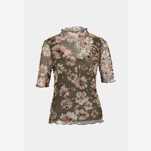 zero MeshBlumenShirt mit hohem Kragen  KhakiCream
