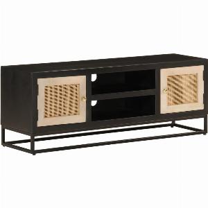 Meuble TV noir 110x30x40 cm bois massif de manguier et fer