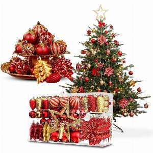 Set Addobbi Natalizi 106 Pezzi Rosso e Oro Con Stelle e Fiori Glitter