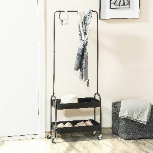 HOMCOM Freestanding Metal Clothes Rail with Shoe Storage Coat Stand on Wheels 2Tier Hall Tree with Shelves Black   Aosom UK