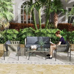 FourPiece Round Rattan Rope Sofa Set Grey