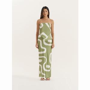 Green Abstract Print Satin Maxi Skirt Iris